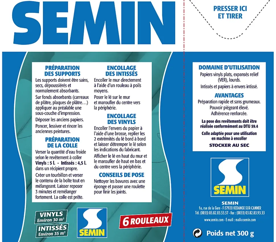 Colle en Poudre pour Papiers Peints Vinyls et Intissés Semin, Boite de 300 g