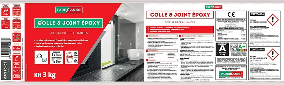 Colle et joint Epoxy spécial pièces humides Parexlanko Gris foncé 3 kg