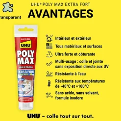 Colle mastic extra forte express UHU Poly Max transparente tube 115g