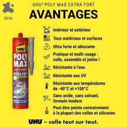 Colle mastic extra forte UHU Poly max gris 425g