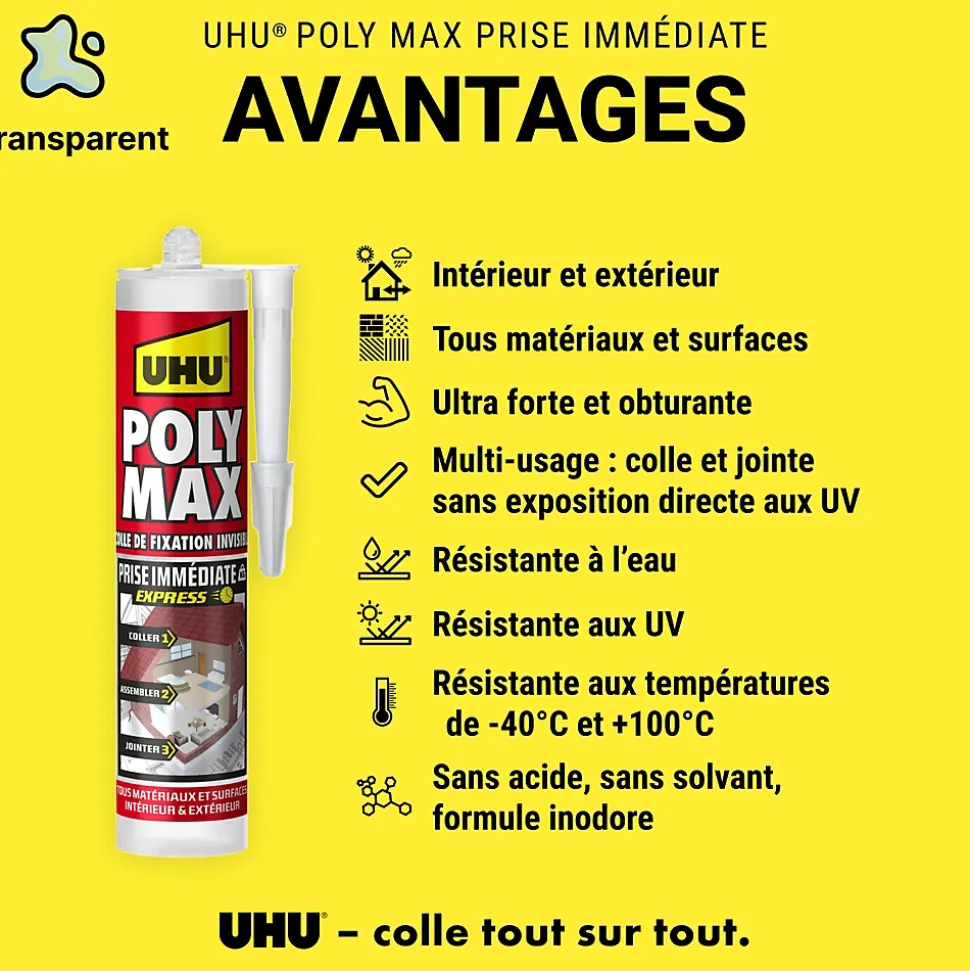Colle mastic prise immédiate express UHU invisible cartouche 300g
