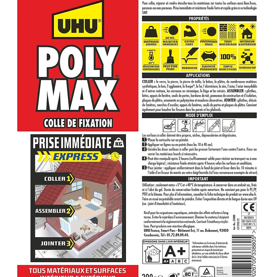 Colle mastic prise immédiate express UHU invisible cartouche 300g