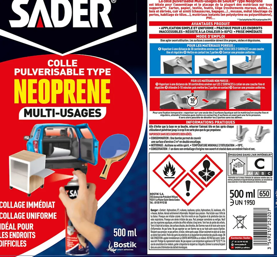 Colle Multi-usages Sader Pulvérisable type Néoprène Aérosol 500 ml