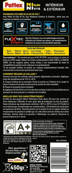 Colle Pattex Ni clou ni vis tous travaux intérieur et extérieur cartouche 450g
