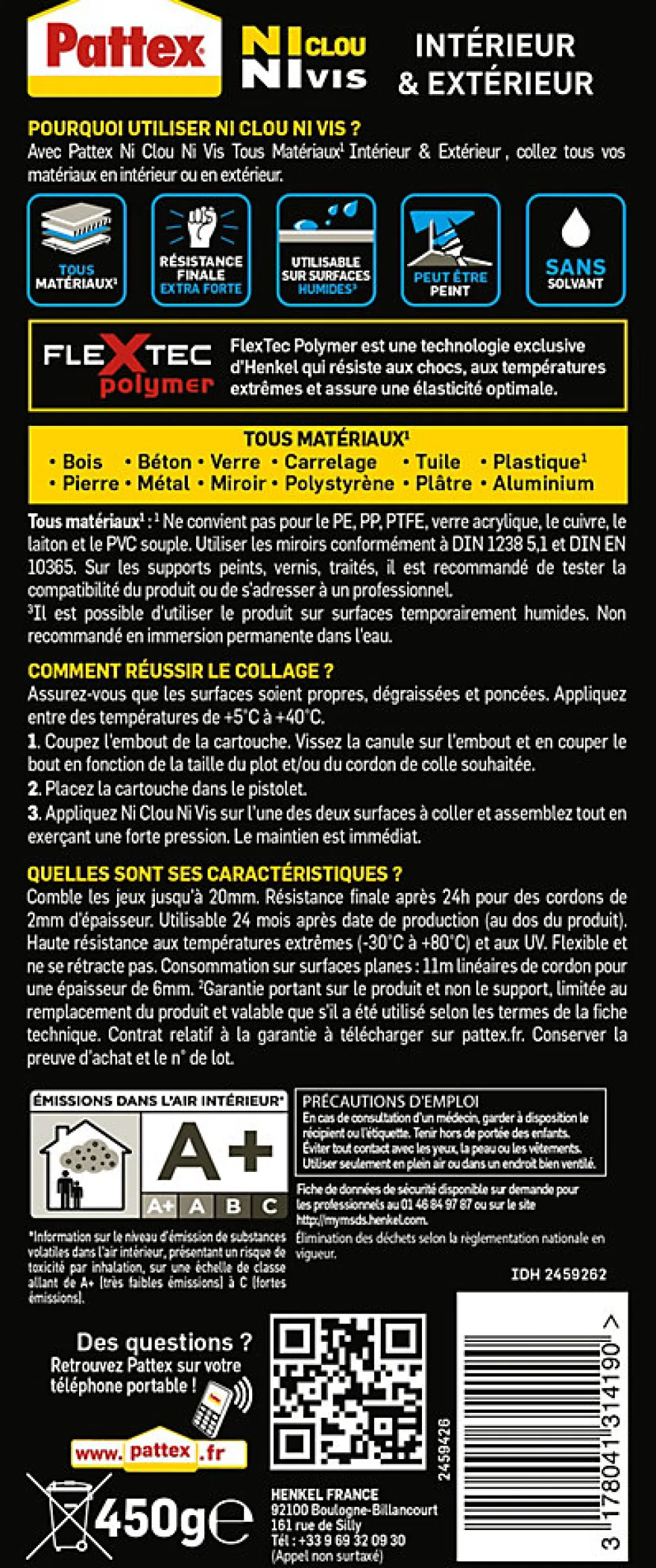 Colle Pattex Ni clou ni vis tous travaux intérieur et extérieur cartouche 450g