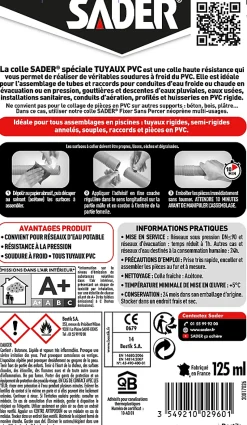 Colle Sader pour Raccords et Tuyaux en PVC Tube 125 ml