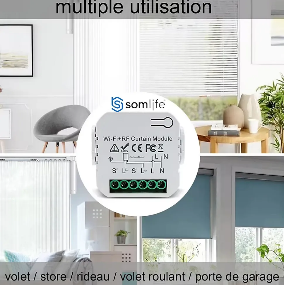 Commutateur SomLife de volet et rideau Wifi Rf Tuya Smart Life Module pour volet roulant 433 mhz
