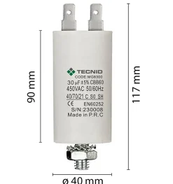 Condensateur de démarrage pour moteurs électriques, 450V, capacité : 30 microfarad, 4 broches / M8