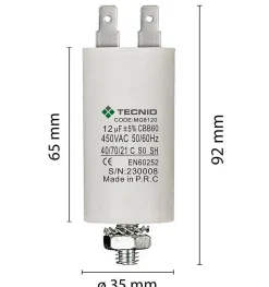 Condensateur de démarrage pour moteurs électriques, 450V, capacité : 12 microfarad, 4 broches / M8