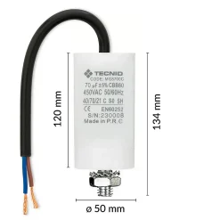 Condensateur de démarrage pour moteurs électriques, 450V, capacité : 70 microfarad, avec câble de 15cm