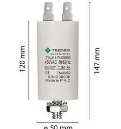 Condensateur de démarrage pour moteurs électriques, 450V, capacité : 70 microfarad, 4 broches / M8