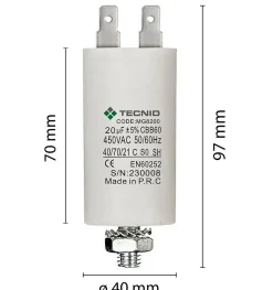 Condensateur de démarrage pour moteurs électriques, 450V, capacité : 20 microfarad, 4 broches / M8