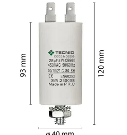 Condensateur de démarrage pour moteurs électriques, 450V, capacité : 25 microfarad, 4 broches / M8