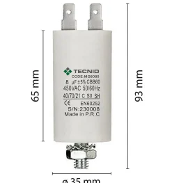 Condensateur de démarrage pour moteurs électriques, 450V, capacité : 8 microfarad, 4 broches / M8
