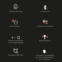 Écouteurs Bluetooth réduction bruit ANC -45dB, ENC -40dB et boitier de charge