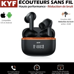 Écouteurs Bluetooth réduction bruit ANC -45dB, ENC -40dB et boitier de charge