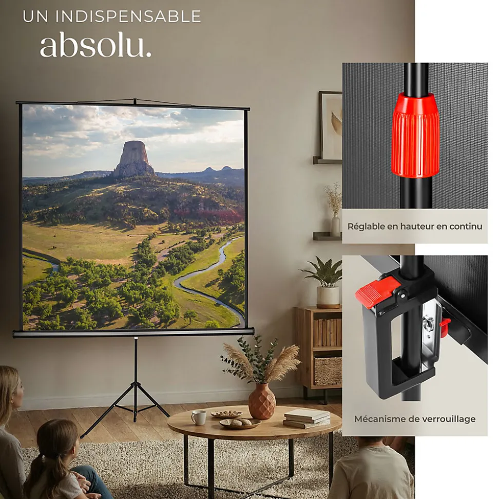 Écran de projection extensible avec un trépied en polyester blanc