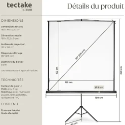 Écran de projection extensible avec un trépied en polyester blanc