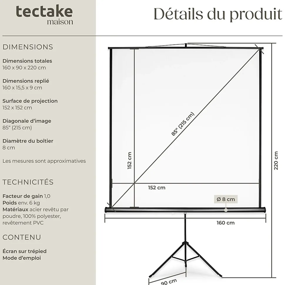 Écran de projection extensible avec un trépied en polyester blanc