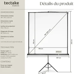 Écran de projection extensible avec un trépied en polyester blanc