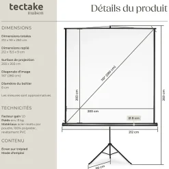 Écran de projection extensible avec un trépied en polyester blanc