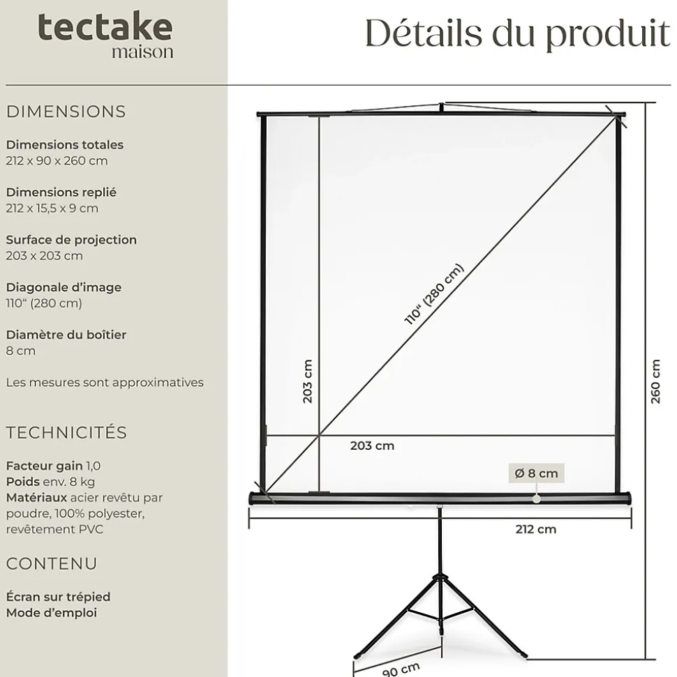 Écran de projection extensible avec un trépied en polyester blanc