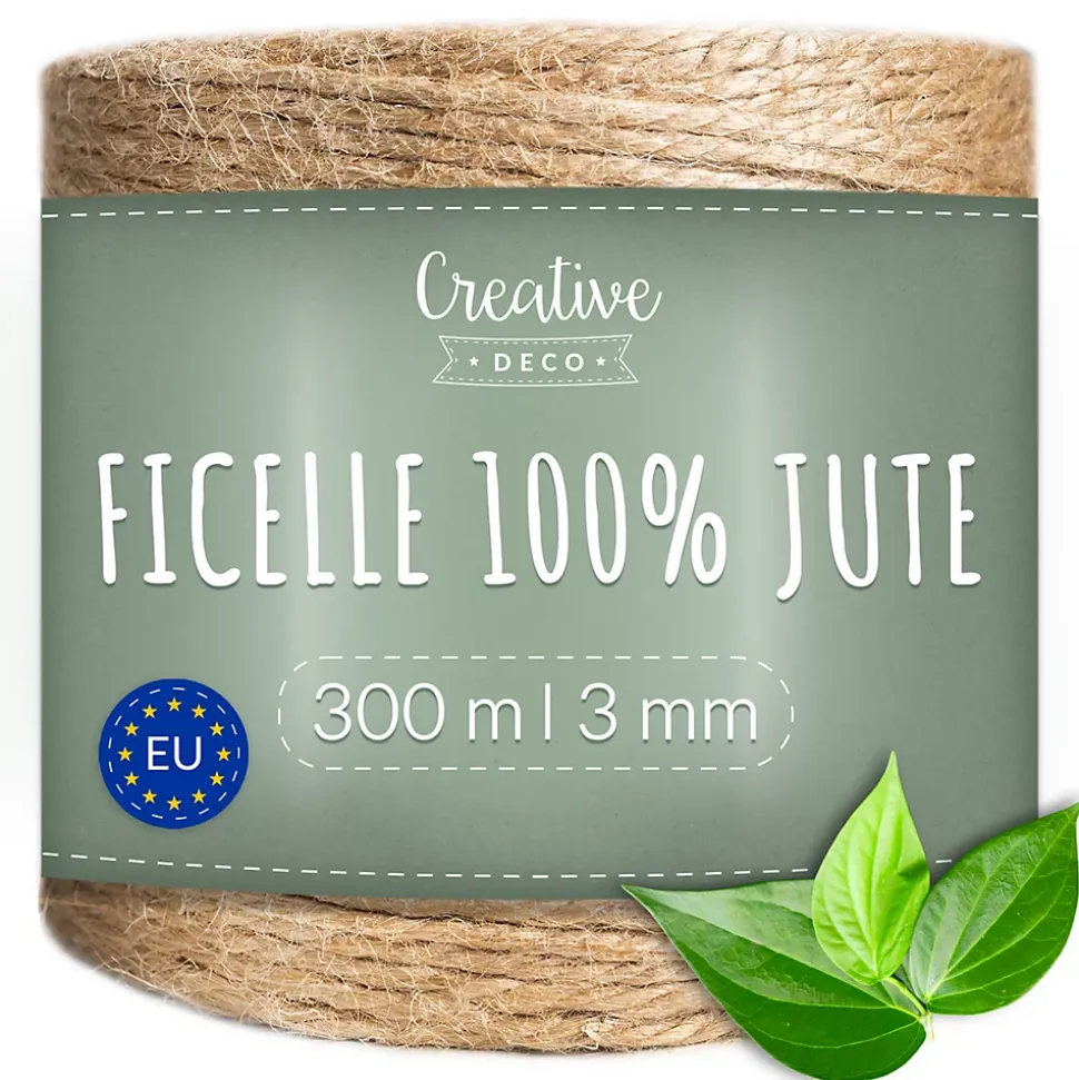 Creative Deco Ficelle Jute 300m 3mm - Corde Naturelle pour Jardinage, Bricolage, Mariage Champêtre, Attache Tomate et Ballons