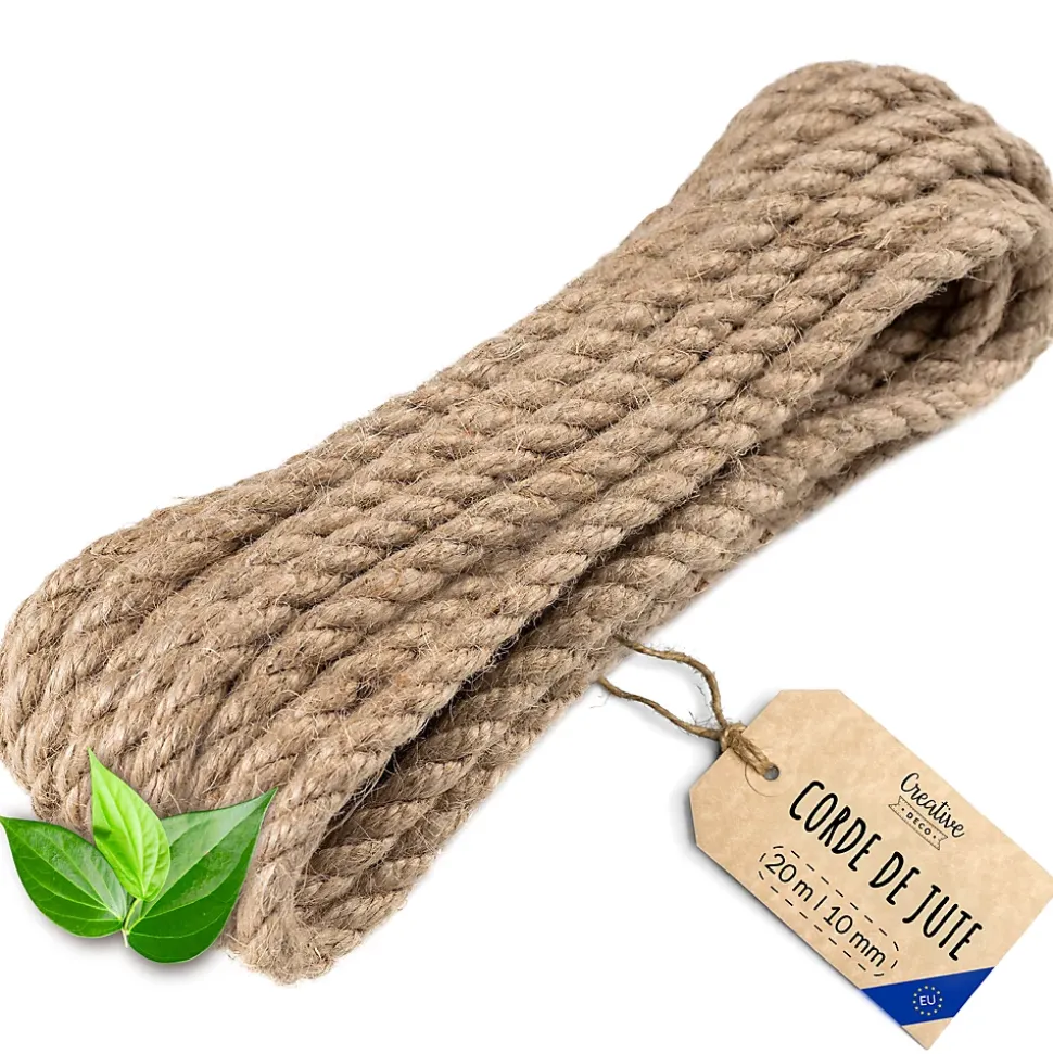 Creative Deco 20m Corde de Jute Epaisseur 10mm - Personnalisation Possible Tous les 5m - Corde Solide - Torsadé Fibres Naturelles