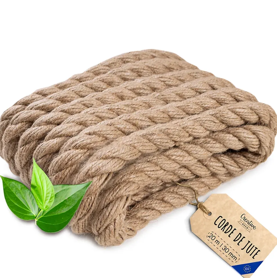 Creative Deco 20m Corde de Jute Epaisseur 30mm - Personnalisation Possible Tous les 5m - Corde Solide - Torsadé Fibres Naturelles