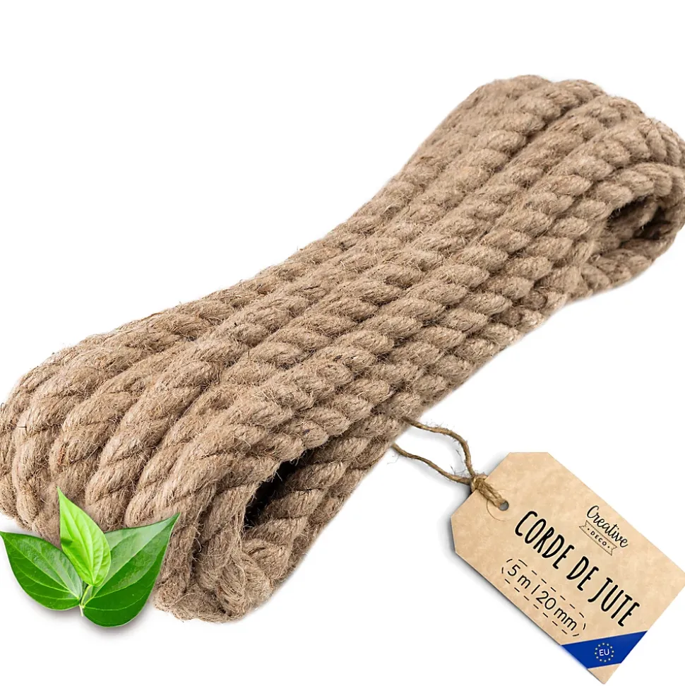 Creative Deco 5m Corde de Jute Epaisseur 20mm - Personnalisation Possible Tous les 5m - Corde Solide - Torsadé Fibres Naturelles