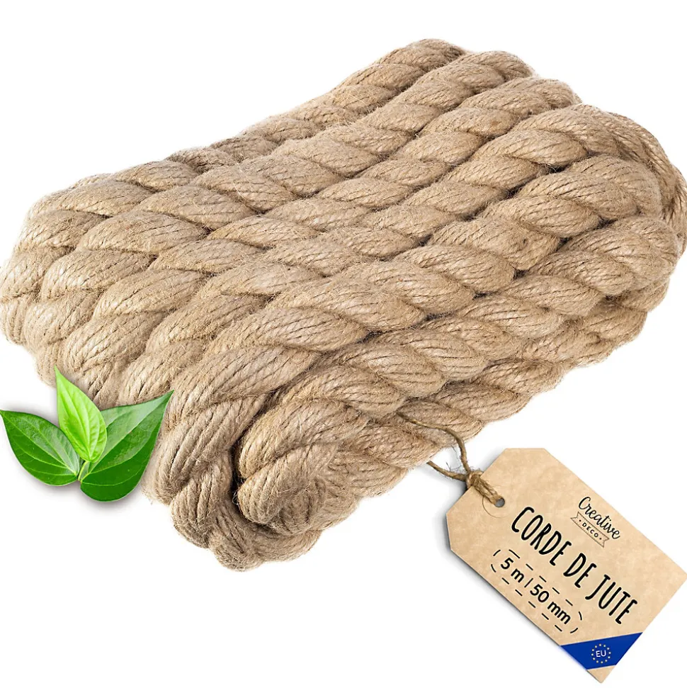Creative Deco 5m Corde de Jute Epaisseur 50mm - Personnalisation Possible Tous les 5m - Corde Solide - Torsadé Fibres Naturelles