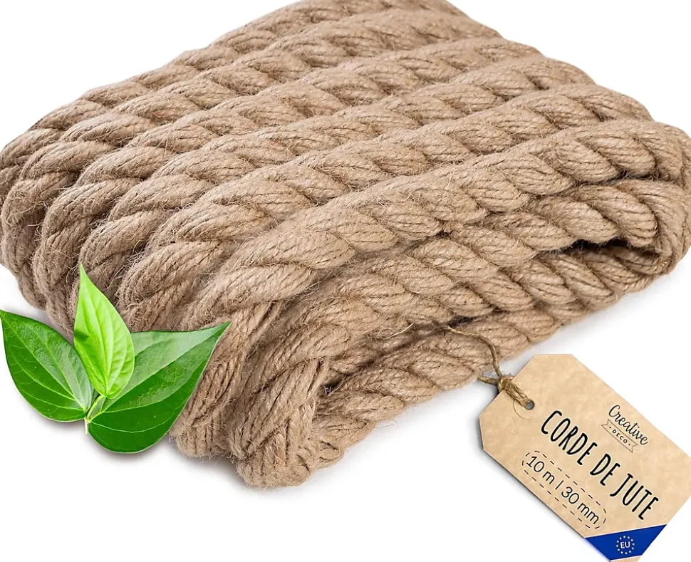 Creative Deco 10m Corde de Jute Epaisseur 30mm - Personnalisation Possible Tous les 5m - Corde Solide - Torsadé Fibres Naturelles