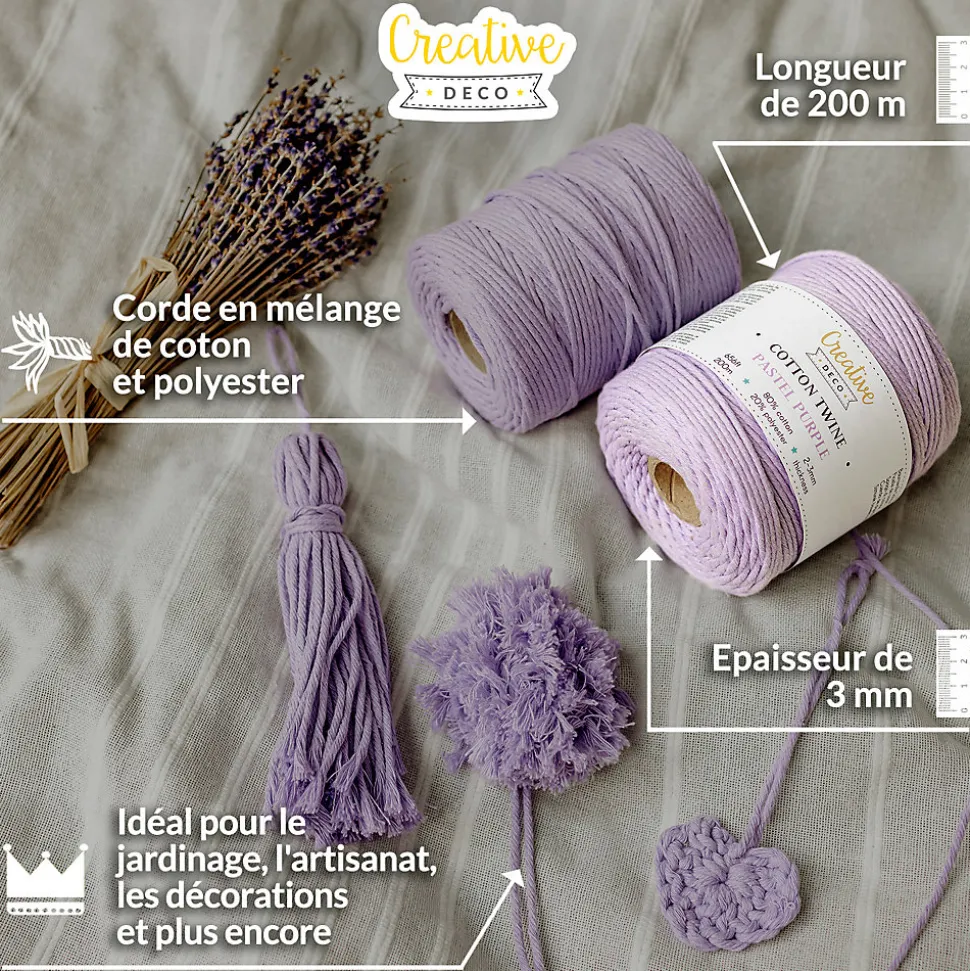 Creative Deco 3mm x 200m Corde Macramé Violet Pastel - Fil de Coton et Polyester +/- 0.5 mm Épaisseur - 30 Plis - Ficelle Naturel