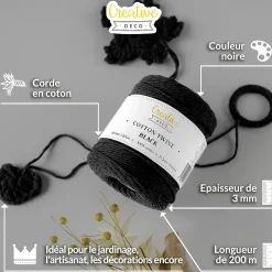 Creative Deco 3mm x 200m Corde Macramé Noir - Fil de Coton et Polyester - +/- 0.5 mm Épaisseur - Decoration Jardinage Emballage
