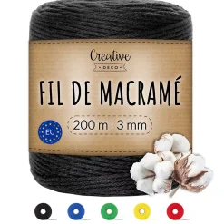 Creative Deco 3mm x 200m Corde Macramé Noir - Fil de Coton et Polyester - +/- 0.5 mm Épaisseur - Decoration Jardinage Emballage