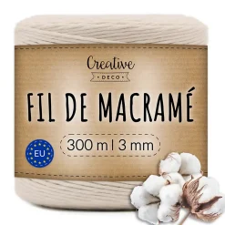 Creative Deco 3mm x 300m Corde Macramé Fil de Coton Beige - +/- 0,5 mm Épaisseur - Ficelle de 12 Plis - Cordelette Naturel