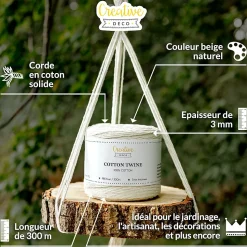 Creative Deco 3mm x 300m Corde Macramé Fil de Coton Beige - +/- 0,5 mm Épaisseur - Ficelle de 12 Plis - Cordelette Naturel