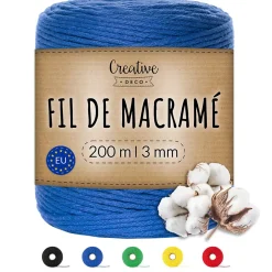 Creative Deco 3mm x 200m Corde Macramé Bleu - Fil de Coton et Polyester - +/- 0.5 mm Épaisseur - Decoration Jardinage Emballage