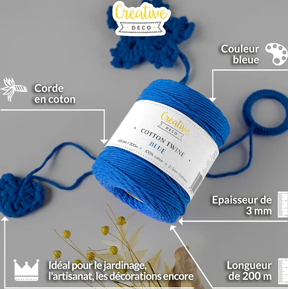 Creative Deco 3mm x 200m Corde Macramé Bleu - Fil de Coton et Polyester - +/- 0.5 mm Épaisseur - Decoration Jardinage Emballage