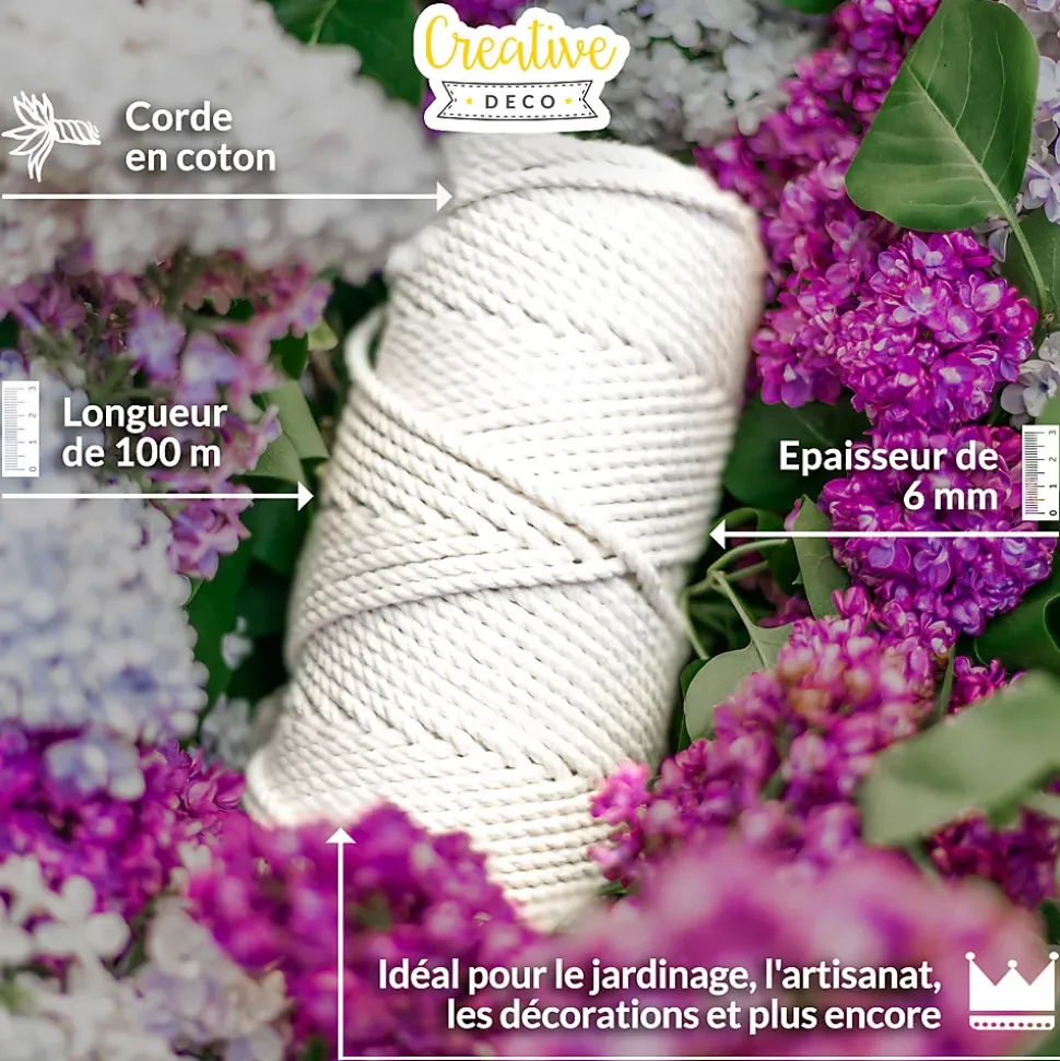 Creative Deco 6mm x 100m Corde Macramé Fil de Coton Blanc - +/- 0,5 mm Épaisseur - Ficelle de 37 Plis - Cordelette Naturel