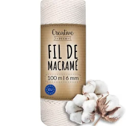 Creative Deco 6mm x 100m Corde Macramé Fil de Coton Blanc - +/- 0,5 mm Épaisseur - Ficelle de 37 Plis - Cordelette Naturel