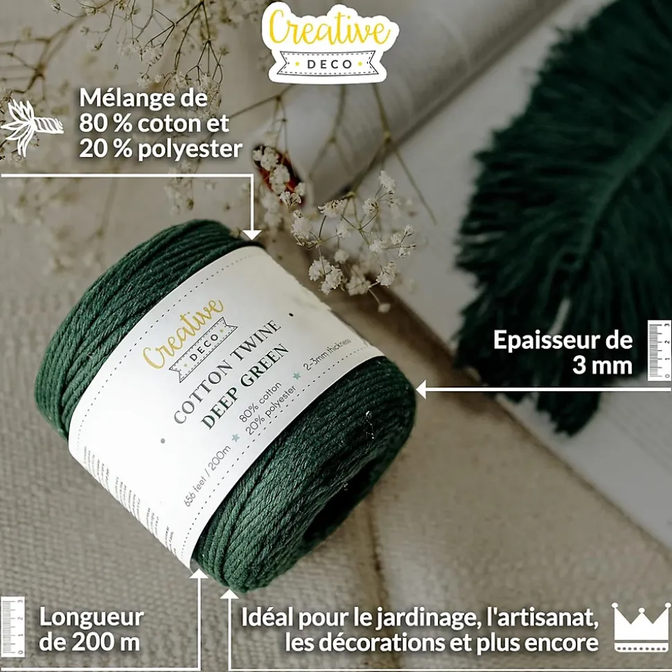 Creative Deco 3mm x 200m Corde Macramé Fil de Coton Vert Foncé - +/- 0,5 mm Épaisseur - Ficelle de 30 Plis - Cordelette Naturel