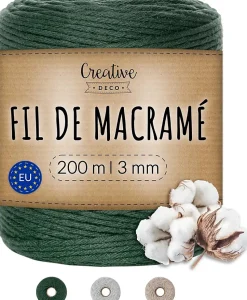 Creative Deco 3mm x 200m Corde Macramé Fil de Coton Vert Foncé - +/- 0,5 mm Épaisseur - Ficelle de 30 Plis - Cordelette Naturel