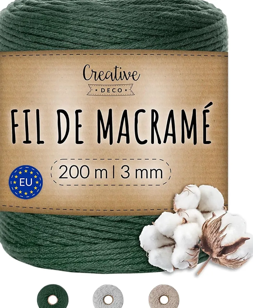 Creative Deco 3mm x 200m Corde Macramé Fil de Coton Vert Foncé - +/- 0,5 mm Épaisseur - Ficelle de 30 Plis - Cordelette Naturel