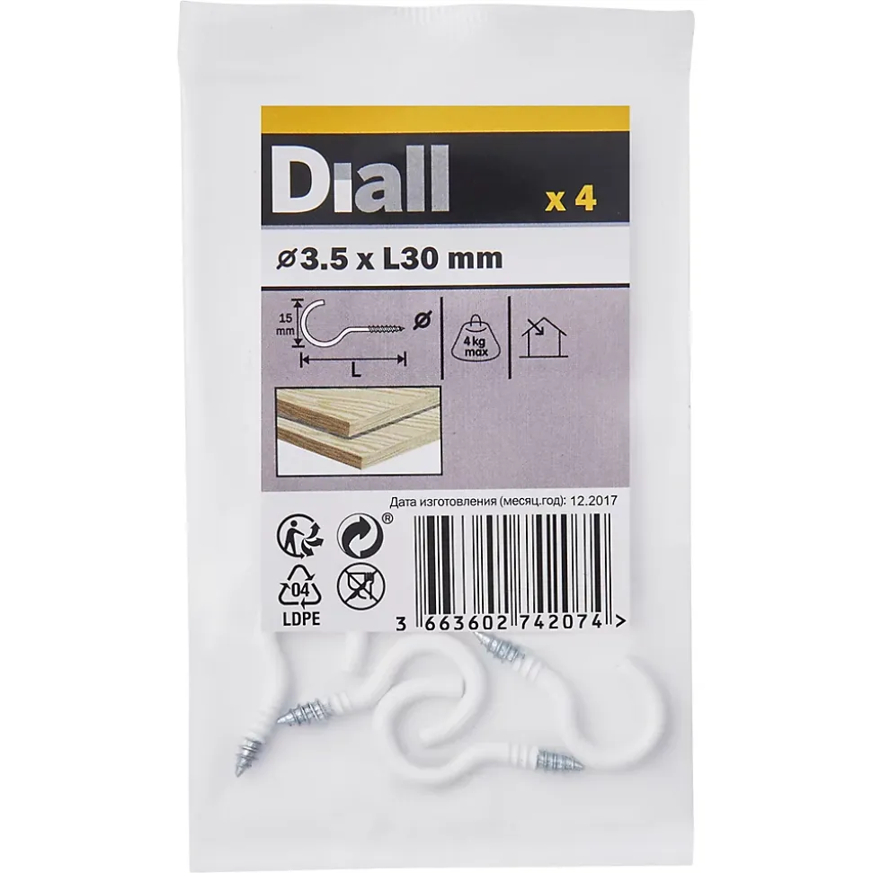 Crochet rond à visser en acier plastifié blanc 30x17 mm - 4 pièces