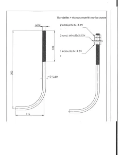 Crosse ancrage M14X300 +3 Ecrou +2 Rondelle Acier zingué - 100 pièces