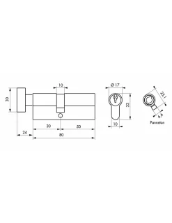 Cylindre de serrure à bouton, 30Bx50mm, anti-arrachement, laiton, 3 clés - THIRARD