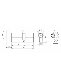 Cylindre de serrure à bouton 5G, 50Bx45mm, laiton, anti-arrachement, 5 clés - SP