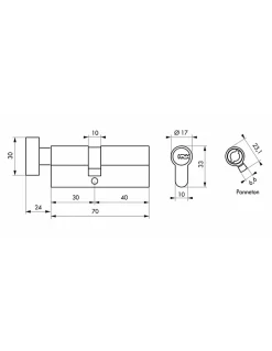 Cylindre de serrure à bouton 5G, 30Bx40mm, nickel, anti-arrachement, 5 clés - SP