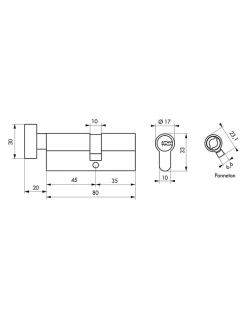 Cylindre de serrure à bouton 5G 45B x 35mm, laiton, anti-arrachement, 5 clés - SP